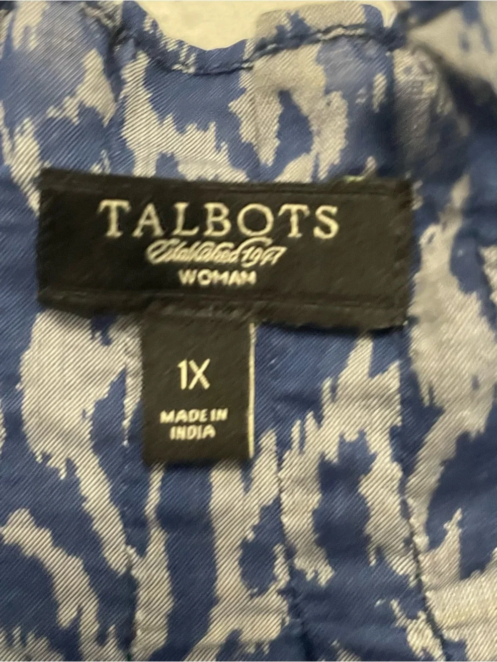 Talbots Women’s Size 1X Blue Gray Ikat Print Ruffle Boat Neck 3/4 Sleeve